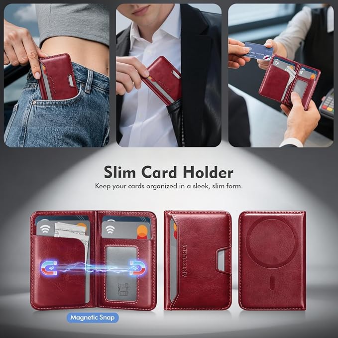 Antsturdy for Magsafe Wallet Stand with Holder,PU Leather RFID Blocking Card Holder,5 Card Slots,Strong Magnet Minimalist Flip Folio Kickstand for iPhone 17/16/15/14/13/12/Pro/Max/Plus/Air,Wine Red