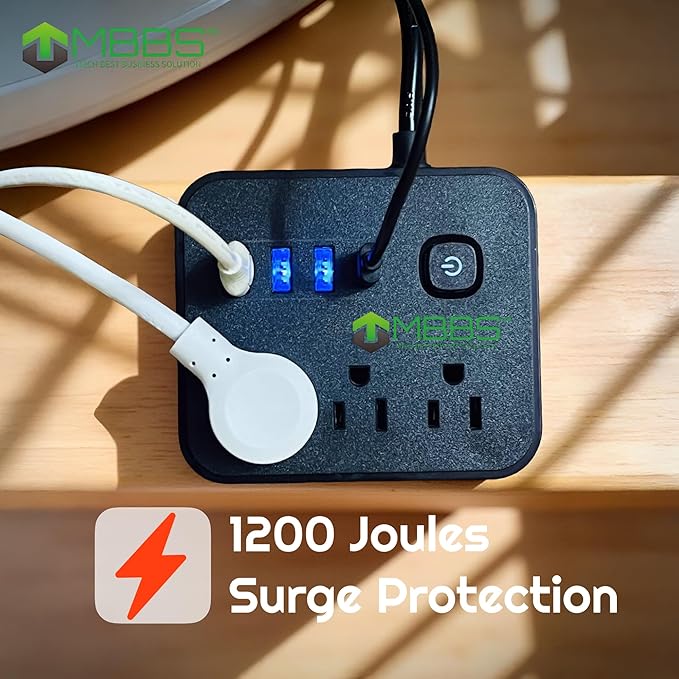 5ft Surge Protector Power Strip with USB C, 1200J Protection, Heavy Duty Extension Cord – (7-in-1) 3 AC Outlets, 4 USB Ports, LED On/Off Switch – Compact & Travel Friendly – Home, Office (Black)