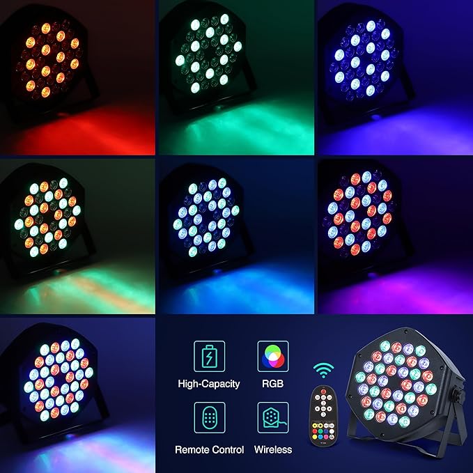 Rechargeable Par Lights 36 RGB Stage Lights, Wireless Dj Uplights Battery Powered Uplighting Sound Activated DMX Control for Wedding Dj Disco Show(4 Pack)