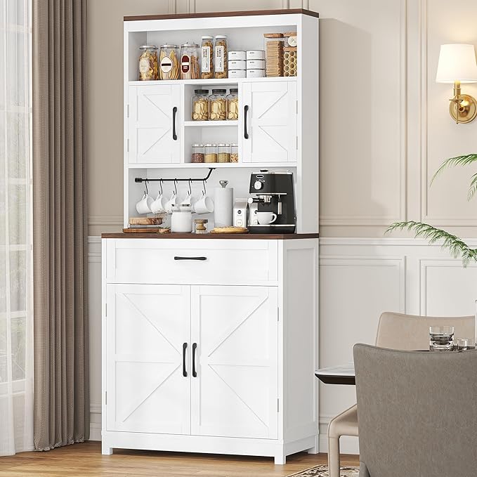 69.3" Tall Kitchen Pantry Cabinet with Door, Drawer and Storage Shelves, Large Storage Cabinet, Buffet Cupboard, Kitchen Hutch with Wide Countertop and Charge Holes for Home Office Use, White