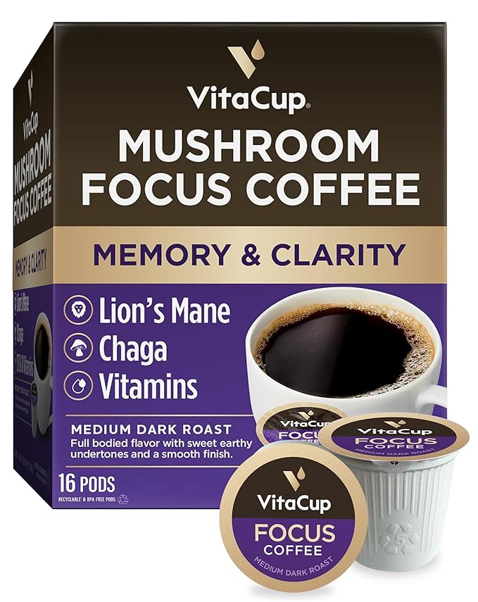 VitaCup Mushroom Coffee Pods - Boost Focus & Immunity with Lions Mane, Chaga, Vitamins, for Memory & Clarity, Recyclable K-Cup Pods, 16 Ct