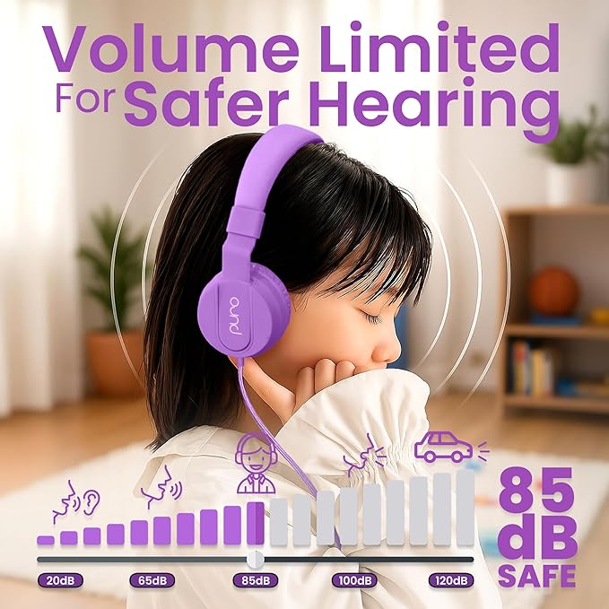 Puro Sound Labs Kids Wired Headphones – Volume-Limiting & Adjustable, Safe & Comfortable Headphones for Kids – Compatible with PCs, Smartphones & Tablets, Ideal for School & Travel – PuroBasic, Purple