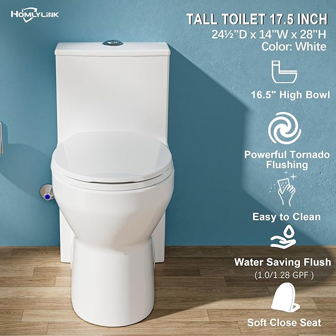 17 Inch Compact Modern Tall Toilet for Small Bathroom, Tornado Flush One Piece ADA High Toilet, Dual Botton 1.0/1.28 GPF, Chair Height, Comfort Bowl Heigh 16.7", Seat Height 17.5", White