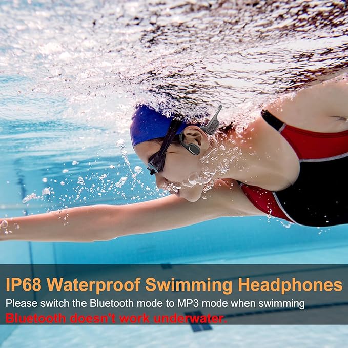 IP68 Waterproof Swimming Headphones, Bone Conduction Liquid Silicone Bluetooth Headphones, Built-in 32GB MP3 Player, Soft and Lightweight Open-Ear Design for Swimming/Marathons/Showers/Cycling (Black