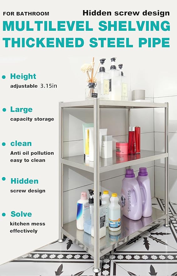 susunnus Stainless Steel Shelves 23.6in-5 Tier, Stainless Steel Shelf Organizer, Kitchen Storage Shelves,Artistic Texture, Pragmatic & Sturdy & Waterproof
