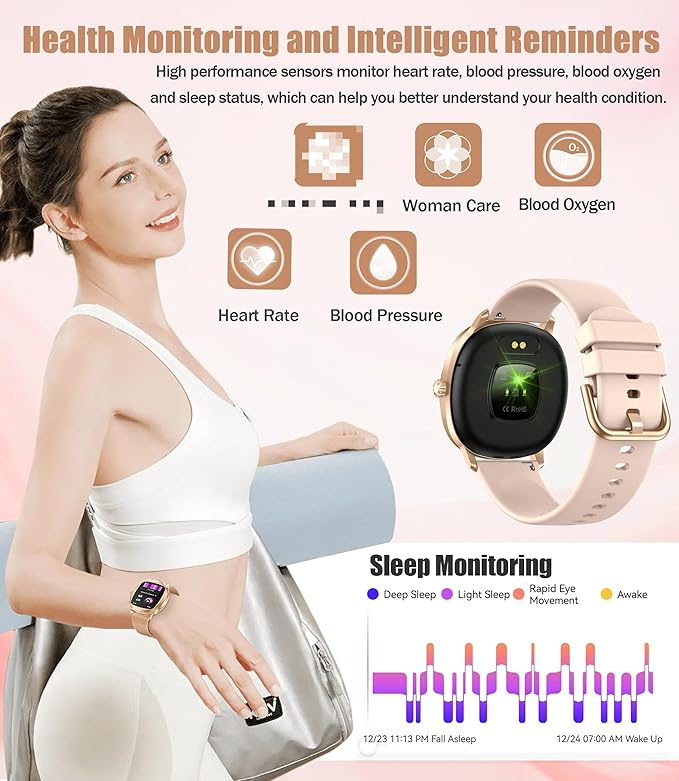 Smart Watches for Women, 1.72" Smart Watch for Android Phones with Heart Rate/Sleep Monitor, 100+ Sports Modes, IP68 Waterproof, Fitness Watch with Free APP Compatible Android iOS (Champagne Gold)