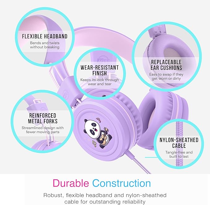 MEE audio KidJamz KJ55 Wired Children’s Headphones with 3.5mm Plug, Colorful Graphics, Volume Limiter & Microphone, Adjustable On-Ear Kids Headset for Online Learning/School/Travel/Tablet (Lavender)