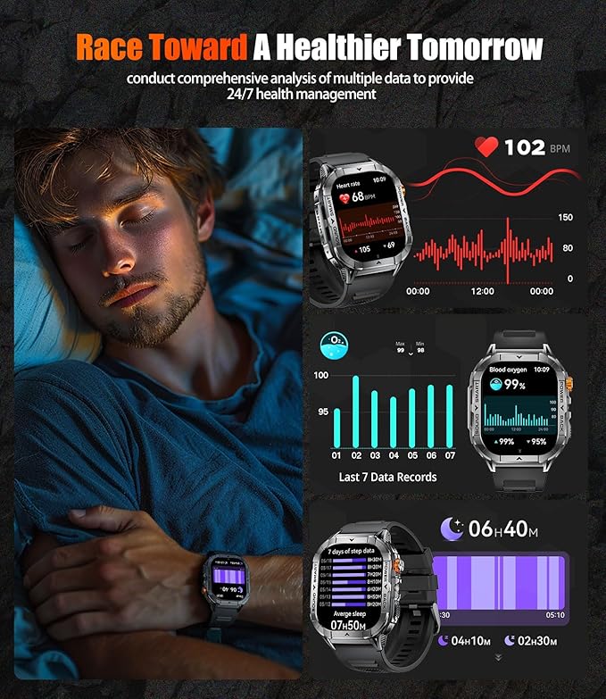 SUNKTA EF17 Mens Smart Watch with LED Flashlight, 2.13'' Amoled HD Display Fitness Tracker Watch, Pedometer/100+ Sport Modes/Sleep/5ATM Waterproof Smartwatch, Compatible iOS Android Smart Watches