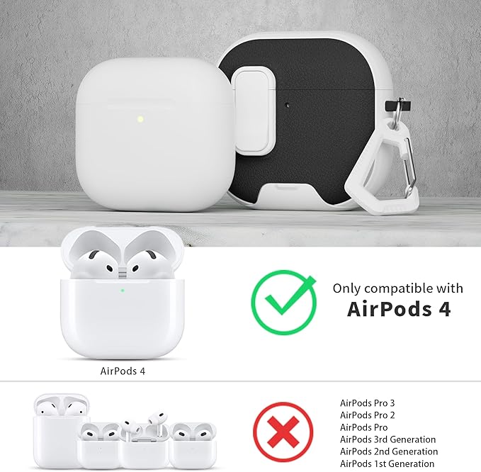 for AirPods 4 Case with Lock,TPU Leather Texture Protective Durability Anti-Lost & Shockproof Protective Cover Accessories with Cleaning Kit in Keychain for Apple AirPods 4 Generation (White/Black)