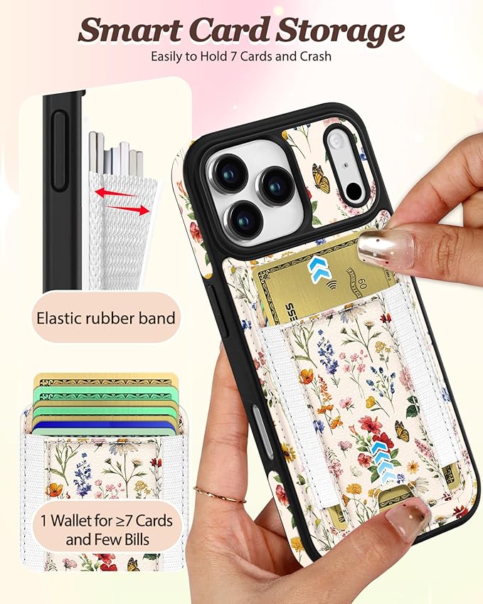 Shorogyt for iPhone 17 Pro Max Case Wallet - Fits 5 Cards, Compatible with Magsafe Detachable Magnetic Credit Card Holder Leather Cardholder Cute Phone Cover Women Girls for Apple 17 ProMax, Floral