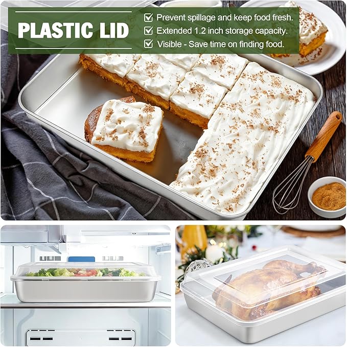 TeamFar Lasagna Pan with Lid, 12.3’’ x 9.75’’ x 2’’, Stainless Steel Rectangular Baking Cake Pan, Heavy Duty & Non-Toxic, Deep & Visible, Brushed Finish & Dishwasher Safe- (1 Pan+1 Lid)