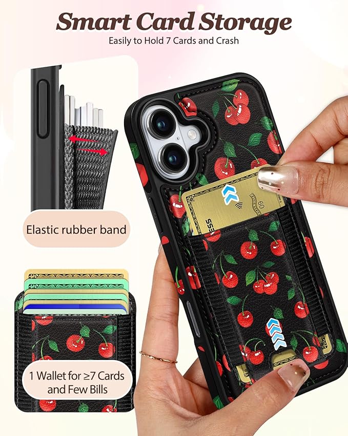 Shorogyt for iPhone 16 Wallet Case - Fits 5 Cards, Compatible with Magsafe Detachable Magnetic Credit Card Holder Leather Cardholder Cute Phone Cover Women Girls for Apple 16, Cherry