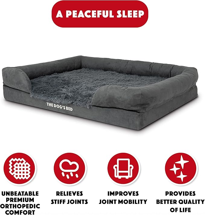 The Dog’s Bed, Large Grey Fur, Memory Foam, Pain Relief: Arthritis, Hip & Elbow Dysplasia, Post Surgery, Lameness, Supportive, Calming, Waterproof Washable Cover, Veterinary Approved