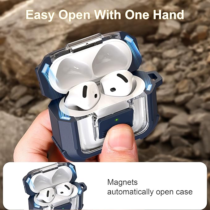 RFUNGUANGO for AirPods 4 Case, Compatible with AirPods 4th Generation Case (2024), Compatible with MagSafe, Magnetic Automatic Lock with Cleaner Kit and Keychain, Front LED Visible, Blue
