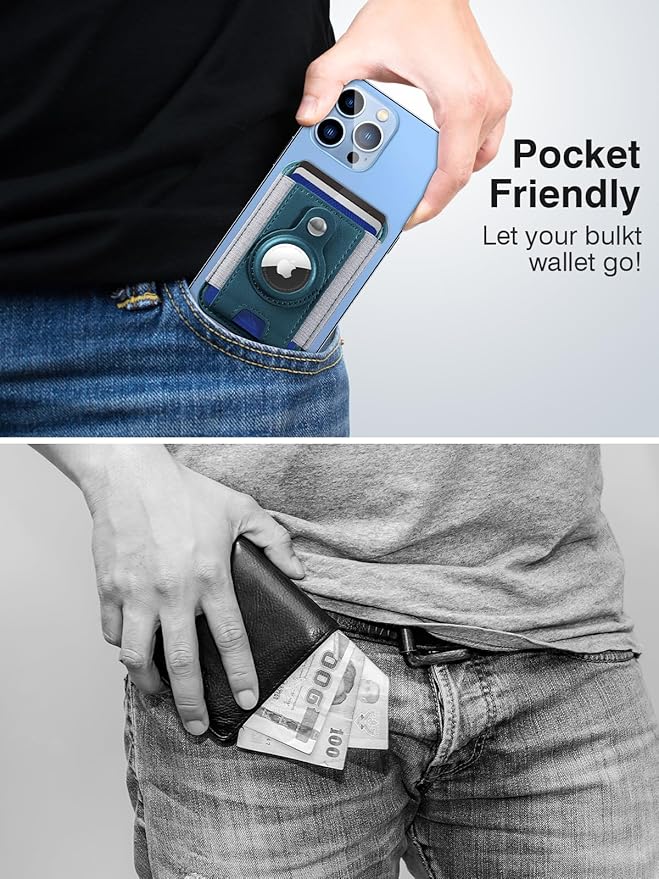 Miroddi MagSafe AirTag Holder, Card Holder for iPhone 15/14/13/12 Series, Leather Wallet with RFID Protection, Blue