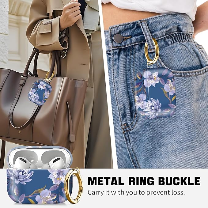 Compatible with AirPod Pro 2nd//1st Generation Case Cover with Key Chain,Full Protective Shockproof Wireless Headphone Case for Airpod Pro 2023/2022/2019（Purple Flowers）