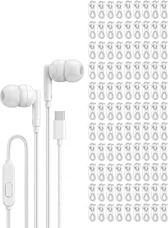 Pearl 100 Pack USB C Headphones Wired Earbuds Bulk for iPhone 17 16 15 Pro Max Plus, Galaxy, Chromebook, iPad, Type C Wired Headphones No Microphone for Schools Classroom Donation Events, White