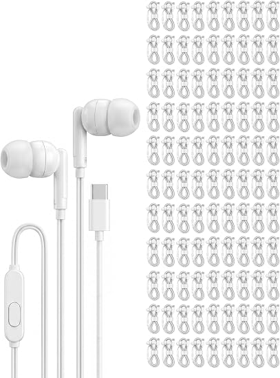 Pearl 100 Pack USB C Headphones Wired Earbuds Bulk for iPhone 17 16 15 Pro Max Plus, Galaxy, Chromebook, iPad, Type C Wired Headphones No Microphone for Schools Classroom Donation Events, White