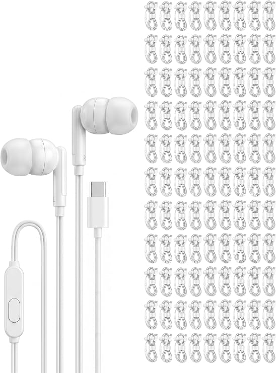 Pearl 100 Pack USB C Headphones Wired Earbuds Bulk for iPhone 17 16 15 Pro Max Plus, Galaxy, Chromebook, iPad, Type C Wired Headphones No Microphone for Schools Classroom Donation Events, White