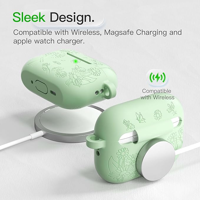 for AirPods Pro 3 Case (2025) DamonLight Daisy Floral Engraved Shockproof Protective Soft Silicone Case Cover with Cleaning Pen and Keychain for Apple Airpods Pro 3rd Generation(Avocado Green)