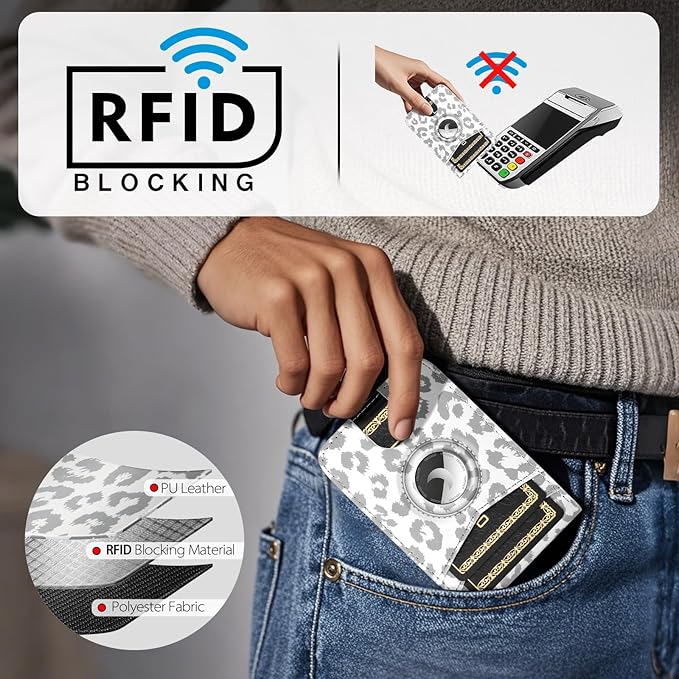 Compatible with Magsafe Case with RFID Blocking Card Holder AirTag pocket for iPhone 17/16/15/14/13/12 Pro/Pro Max/PlusSeries,Not Fit iPhone Mini,Leopard-White