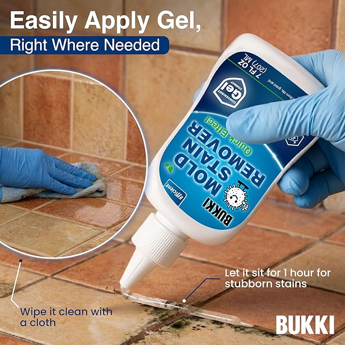 BUKKI Mold Stain Remover Gel 7 FL OZ (150 g), Heavy Duty Thick Cleaning Gel for Shower Grout, Washer Seals, Caulking, Bathrooms, Sinks, Concrete. Stain Cleaner Surface Gel