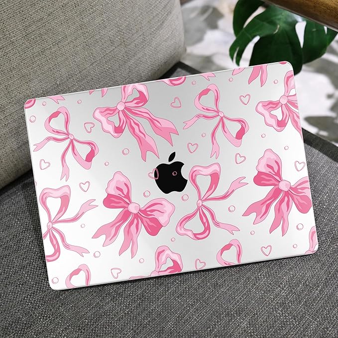MEEgoodo for MacBook Air 13.3 inch Case 2021 2020 2019 2018 A2337 M1 A2179 A1932, Laptop Shell for MacBook Air M1 with Keyboard Webcam Cover & Trackpad Film & Type C Adapter,Pink Bow & Rainbow Striped