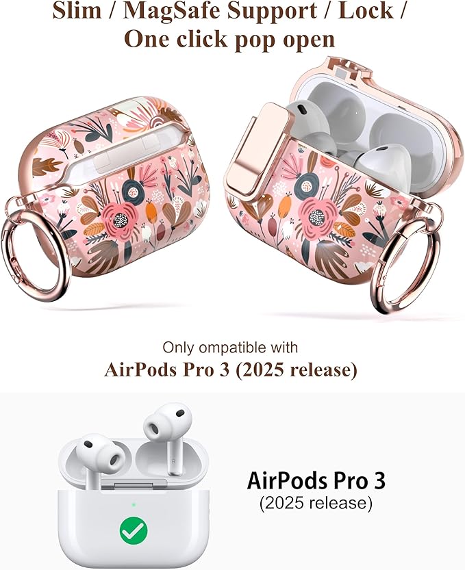 TATOFY for AirPods Pro 3rd (2025) Generation Case with Lock Carabiner Cleaner, Slim AirPod Pro 3 Hard Case Cover, Compatible with MagSafe (Pink)