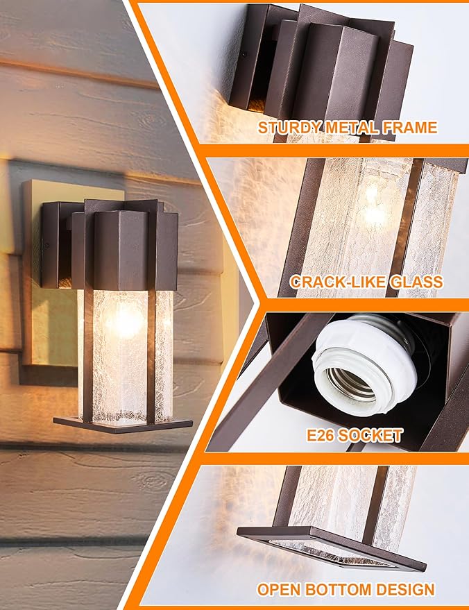 Oil Rubbed Bronze Outdoor Wall Light Fixtures with Crack-Like Glass, Modern Outdoor Sconce Exterior Lighting IP65 Waterproof, Front Porch Light Wall Mount for Garage Patio Front Door,Brown