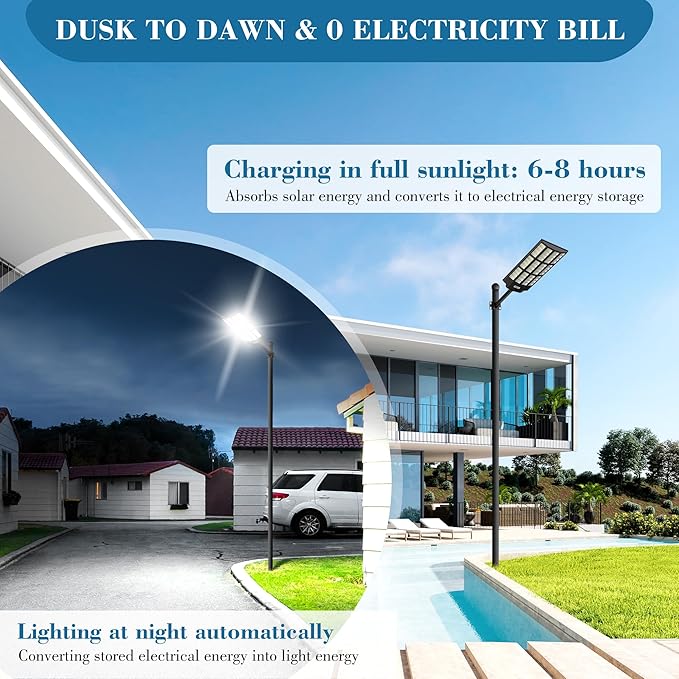 10000W Solar Street Lights, 7000K Solar Lights Outdoor Motion Sensor, Commercial Parking Lot Light Dusk to Dawn, 320° Wide Angle Solar Street Lights Outdoor IP66 Waterproof for Yard(2 Pack)