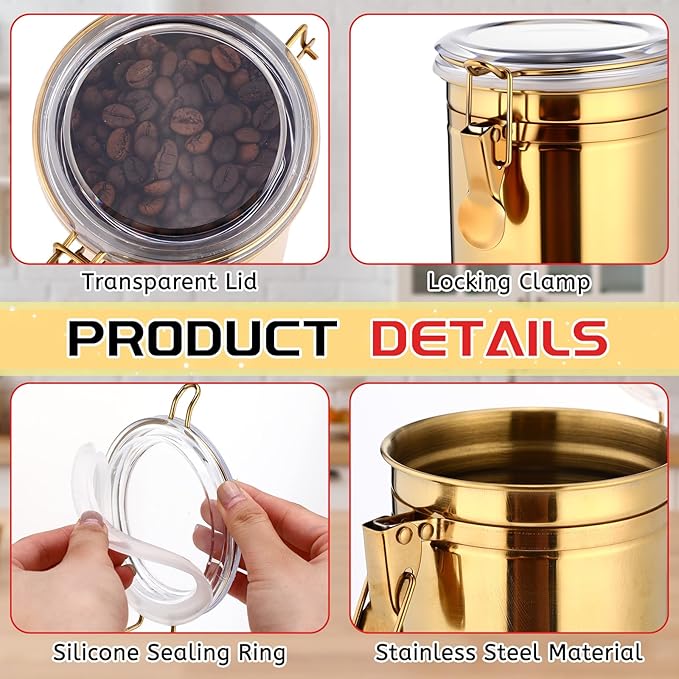 6 Pcs Stainless Steel Food Storage Containers Set Airtight Kitchen Canisters Coffee Jar with Clear Lid and Locking Clamp for Coffee Bean, Tea, Flour, Sugar, Cookie Storage(40.6 oz)