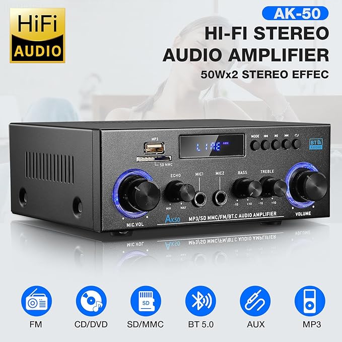 Facmogu AK-50 Bluetooth Stereo Audio Amplifier, RMS 50Wx2 HiFi Sound Stereo Amp Receiver, Remote Control Sound System w/, MP3,USB,SD,AUX, Bass Treble Control for Home Audio, Party, Karaoke, Garages