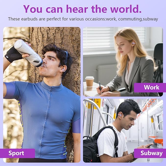 Clip on Headphones,Open Bluetooth 5.4 Earbuds with LED Digital Display Built-in Mic IPX7 Waterproof 50H Playback Sports Bone Conduction Earphones Suitable for Small Ears and Eyeglass Wearers (Purple)4