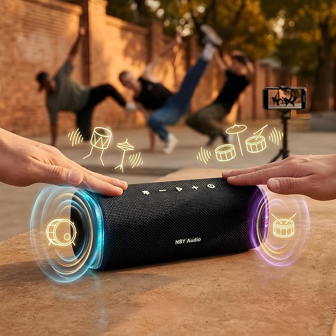 Bass Boosted Bluetooth Bike Speaker, IPX7 Waterproof Portable Wireless Outdoor Speaker, 25-Hour Playtime, LED Lights, TWS Pairing for Pool, Beach, Shower, Gifts (Black)