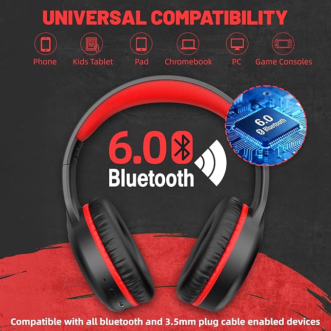 U2B Active Noise Canceling Wired & Wireless Bluetooth 6.0 Headphones with Microphone, Foldable Lightweight Head Phones with Volume Control‌ for Kids Adult School Black Red