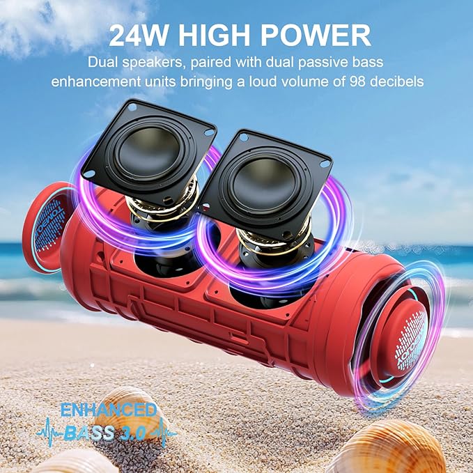 Bluetooth Speaker IPX7 Waterproof, Beach Speaker Waterproof Sandproof with 24W Loud Stereo Sound and Bluetooth 5.3, Enhanced Bass, TWS Pairing, 12 Hours of Playtime for Home/Outdoor (Red)