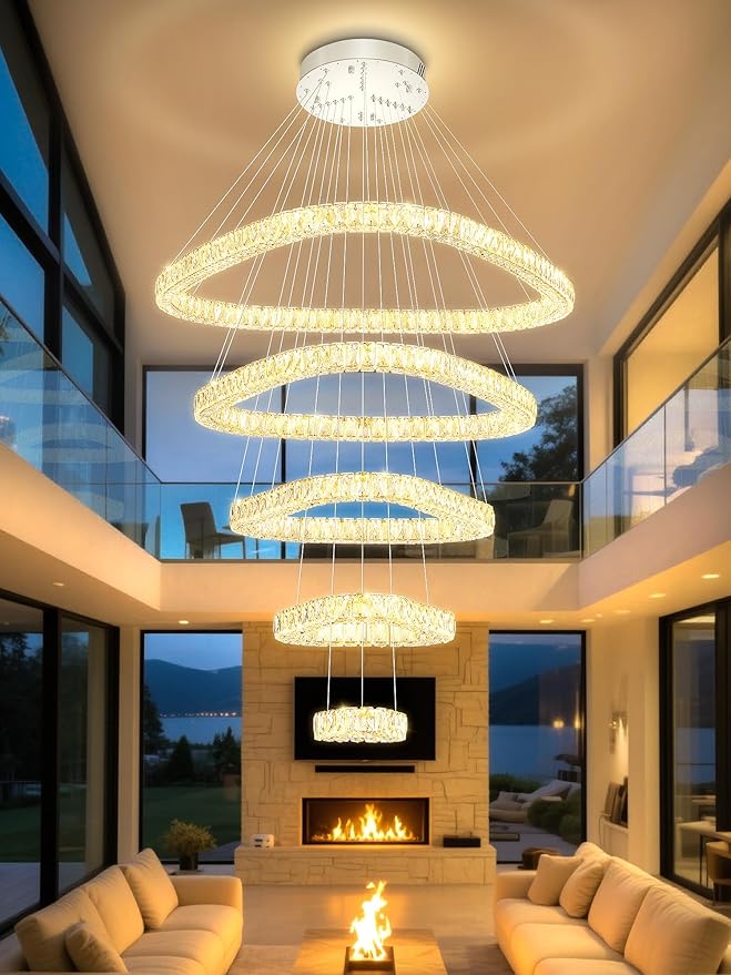 Flashing God H118 Modern Large Chandelier for Foyer 5 Rings Crystal Chandelier Stairway Chandeliers LED Dimmable Crystal Pendant Light for Living Room Entrance Hallway Sliver ﻿