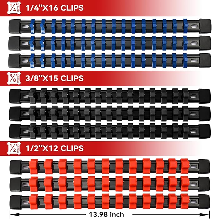 ALOANES 9PC ABS Socket Organizer, Socket Rail Oragnizers Fit 1/2 inch, 3/8 inch and 1/4 inch Drive, Heavy Duty Socket Racks Hold up to 129 Sockets, Black Rails with Red Blue Black Clips
