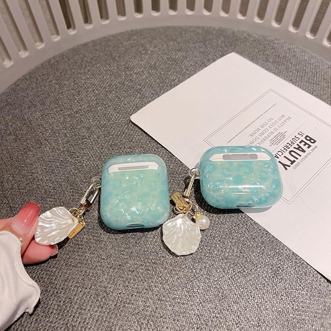 Compatible with Airpods 3rd Generation Case, PHOEACC Dream Luxury Airpod 3 Case Cute Protective Cover with Shell Pearl Keychain for Girls Teens Women (Turquoise Blue)