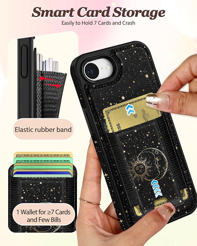 Shorogyt for iPhone 17e/16e Wallet Case - Fits 5 Cards, Compatible with Magsafe Detachable Magnetic Credit Card Holder Leather Cardholder Cute Phone Cover Women Girls for Apple 17e/16e, Sun Moon