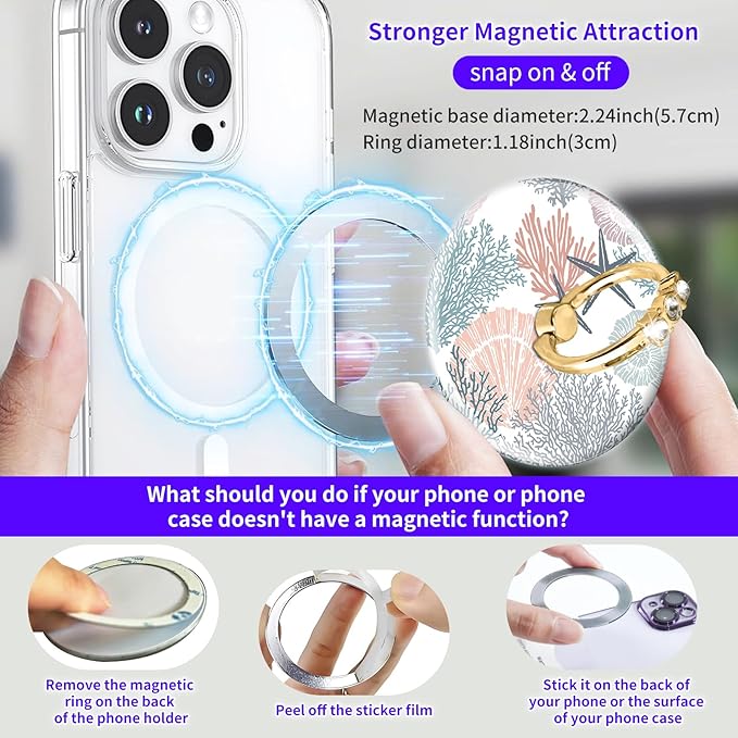 Magnetic Phone Ring Holder Compatible with MagSafe, Cute Phone Grip Stand with 360° Rotation Gold Glitter Finger Ring Kickstand Accessories for Most Phones Cute Seastar