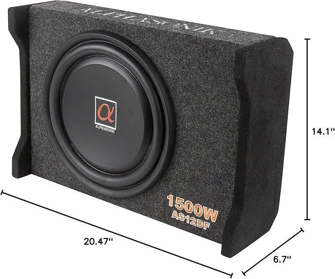 Alphasonik AS12DF 12" 1500 Watts 4-Ohm Down Fire Shallow Mount Flat Enclosed Sub woofer for Tight Spaces in Cars and Trucks, Slim Thin Loaded Subwoofer Air Tight Sealed Bass Enclosure