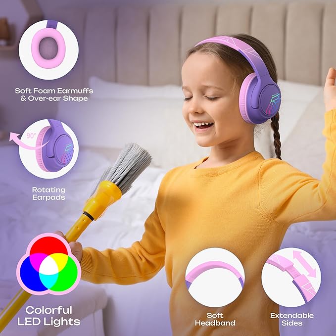 PowerLocus Kids Wireless Headphones, Bluetooth Kids Headphones LED Lights Over Ear with 74/85/94dB Volume Limited, 45H Playtime,Built-in Mic, Two Device Share Mode, HD Stereo for Travel/PC/Tablet