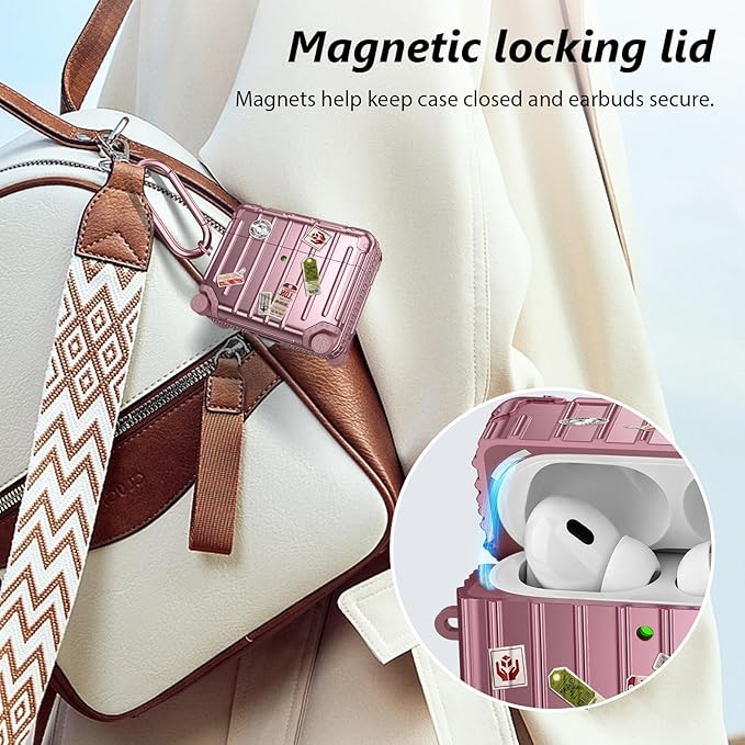 Filoto Compatible with Airpods Pro 3 Case 2025, Cute Fashion Suitcase Design for Airpods Pro 3rd Generation Case Cover, Shockproof Protective Hard Case with Keychain/Cleaner Kit (Rose Gold)