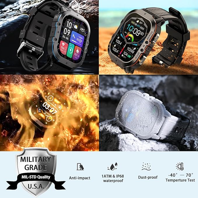 Smart Watches for Men, 1.96" HD AMOLED, Rugged Military (Answer/Calls/Dial) Fitness Tracker, Extra-Long Battery Life, AI Assistant/Sleep Monitor, 100+ Sport Modes, Black & Orange