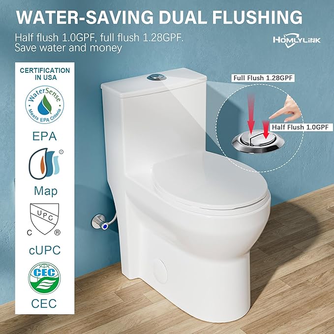 17 Inch Compact Modern Tall Toilet for Small Bathroom, Tornado Flush One Piece ADA High Toilet, Dual Botton 1.0/1.28 GPF, Chair Height, Comfort Bowl Heigh 16.7", Seat Height 17.5", White