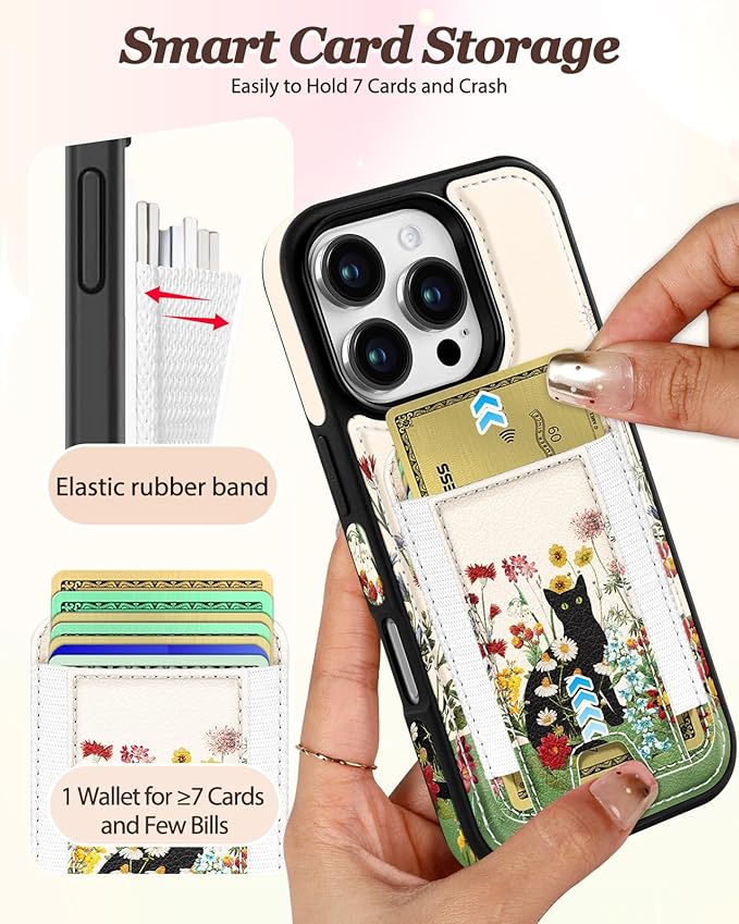 Shorogyt for iPhone 16 Pro Max Case Wallet - Fits 5 Cards, Compatible with Magsafe Detachable Magnetic Credit Card Holder Leather Cardholder Cute Phone Cover Women Girls for Apple 16 ProMax, Cat