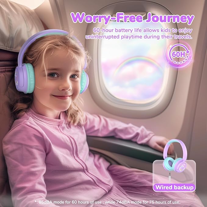 iClever Clever BTH22 Kids Bluetooth Headphones, 60H Play Time, 74/85 dBA Safe Volume, Bluetooth 5.4, USB C, Over Ear Kids Headphones Wireless with Mic AUX Cord for iPad/Tablet/Travel/School, Lilac