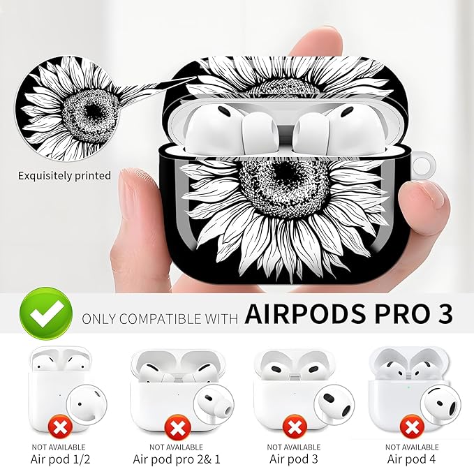 Compatible with AirPod Pro 3 (2025),Cute Case Cover for Women & Men, Full Protection Shockproof Hard Case with Keychain, Wireless Charging Case Accessories(Black White Gerbera Flower)