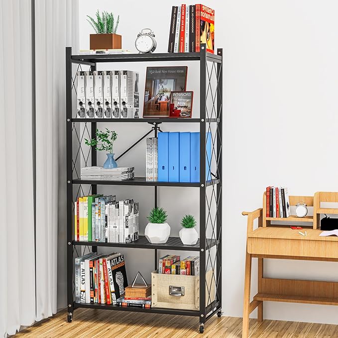 5-Tier Foldable Storage Shelf with Wheels | Metal Rack Collapsible Shelving Display | Rolling Cart for Books Kitchen Storage Shelves | Pantry & Closet Organizer | Office Room Decor